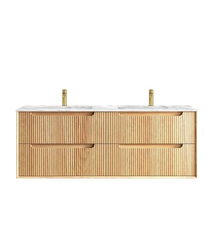 Byron Fluted 1500mm Woodland Oak Wall Hung Vanity with Undermount Natural Carrara Marble Top & Basin