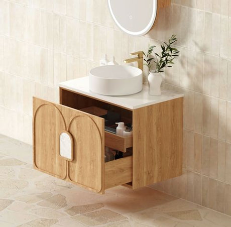 Laguna Mark II 600mm Woodland Oak Wall Hung Vanity with Pure White Top — detail 4