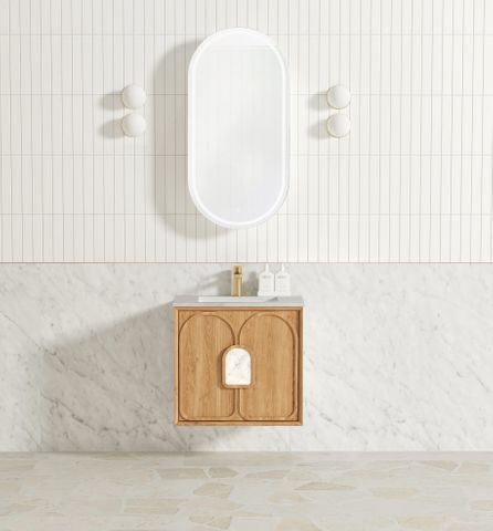 Laguna Mark II 600mm Woodland Oak Wall Hung Vanity with Undermount Natural Carrara Marble Top & Basin
