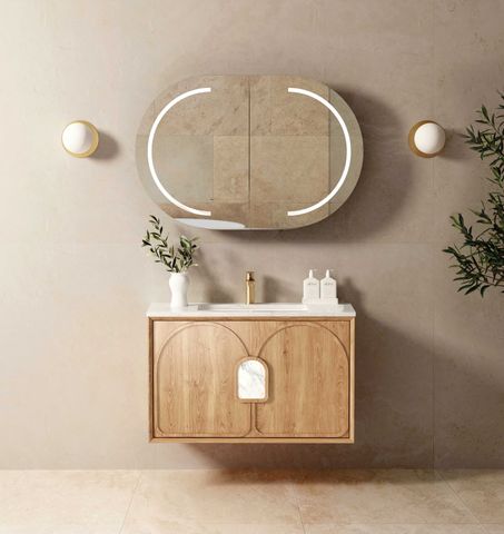 Laguna Mark II 900mm Woodland Oak Wall Hung Vanity with Undermount Natural Carrara Marble Top & Basin