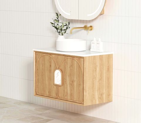 Laguna Mark II 900mm Woodland Oak Wall Hung Vanity with Pure White Top — detail 2