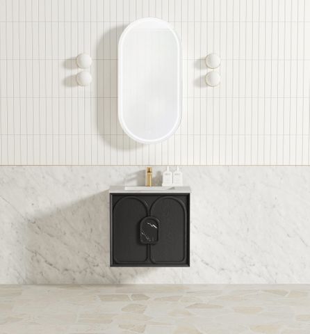 Laguna Mark II 600mm Black Oak Wall Hung Vanity with Undermount Natural Carrara Marble Top & Basin