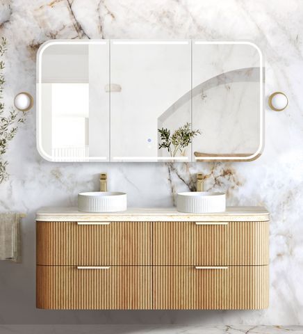 Havana 1500mm Woodland Oak Fluted Wall Hung Curve Vanity with Sand Dune Top — detail 4