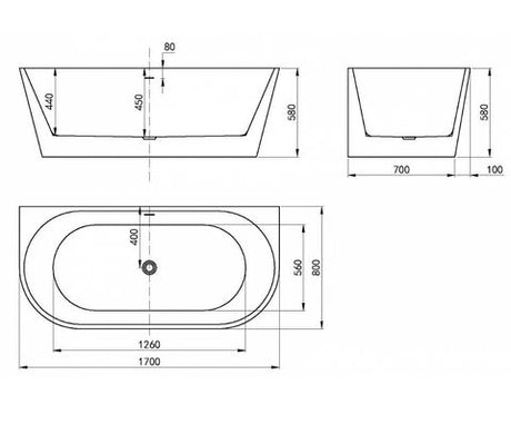 Verona 1700x800x580 Gloss White Back to Wall Bathtub OF — detail 3