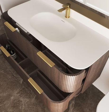 Havana 1200mm Sable Walnut Fluted Wall Hung Curve Vanity with Chloe Silk Top — detail 3