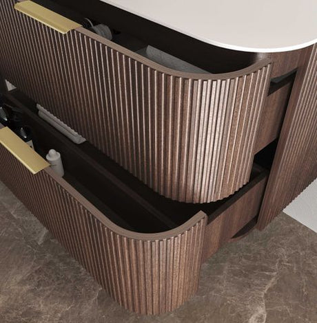 Havana 1200mm Sable Walnut Fluted Wall Hung Curve Vanity with Chloe Silk Top — detail 4