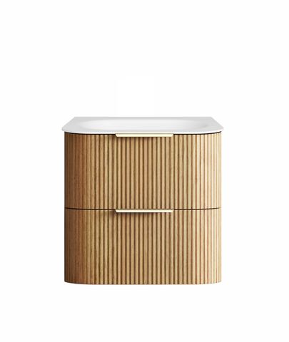 Havana 600mm Woodland Oak Fluted Wall Hung Curve Vanity with Chloe Silk Top