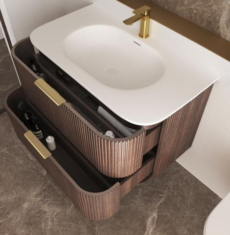 Havana 750mm Sable Walnut Fluted Wall Hung Curve Vanity with Chloe Silk Top — detail 3