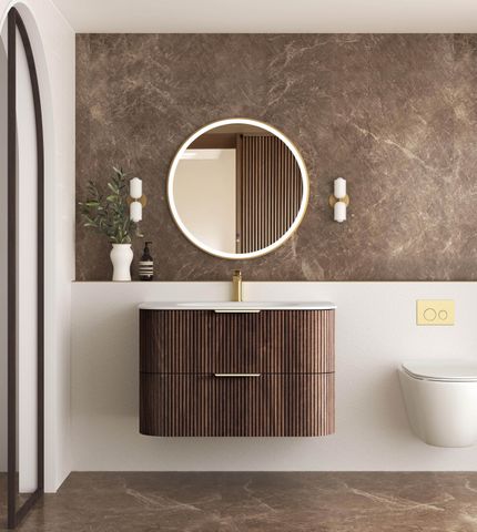 Havana 900mm Sable Walnut Fluted Wall Hung Curve Vanity with Chloe Silk Top