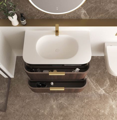 Havana 900mm Sable Walnut Fluted Wall Hung Curve Vanity with Chloe Silk Top — detail 5