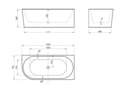 Right Corner 1500x750x580 Gloss White Bathtub OF — detail 3