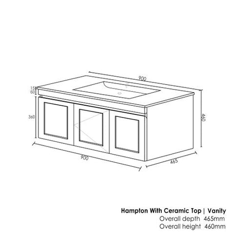 Hampton Mark II 900mm Satin Black Wall Hung Vanity with Ceramic Top — detail 2