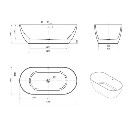 Attica Manolo 1700 Matte White Bath with Overflow — detail 4
