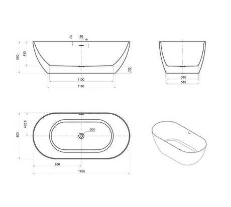 Attica Manolo 1700 Matte White Bath with Overflow — detail 4
