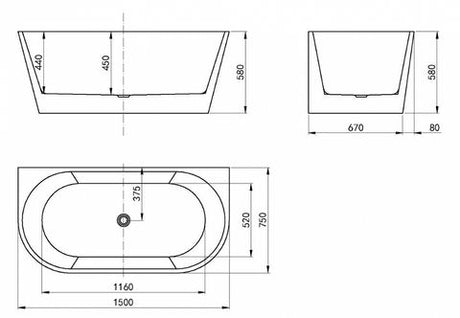 Verona 1500x750x580 Matte White Back to Wall Bathtub NF — detail 3