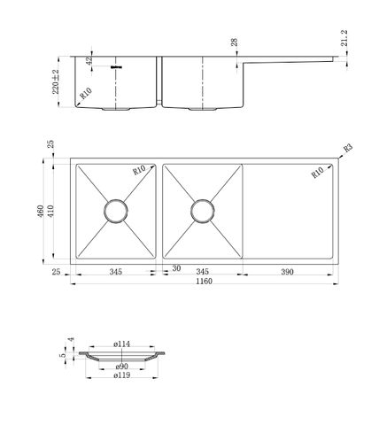 Zue Sink 116D 1160x460x220 — detail 2