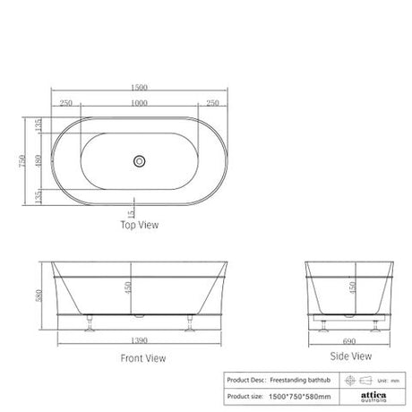 Attica Bondi 1500 Gloss White Bath — detail 5