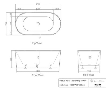 Attica Noosa 1500 Matte White Bath — detail 4