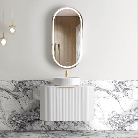 Bondi 750mm Satin White Fluted Wall Hung Curve Cabinet Only