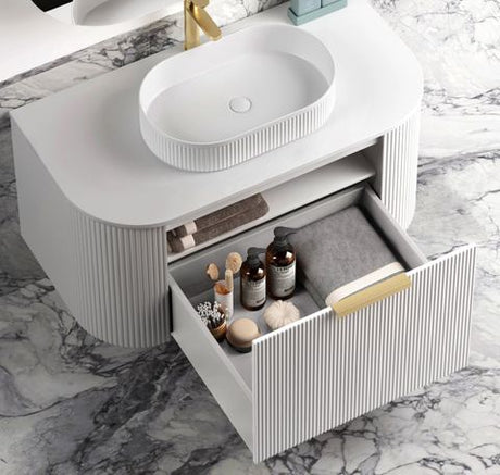 Bondi 750mm Satin White Fluted Wall Hung Curve Cabinet Only — detail 3