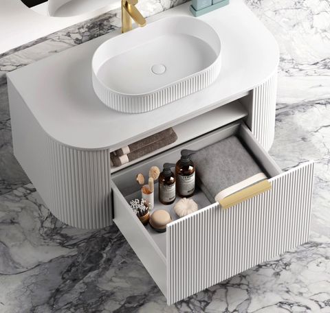 Bondi 900mm Satin White Fluted Wall Hung Curve Cabinet Only — detail 2