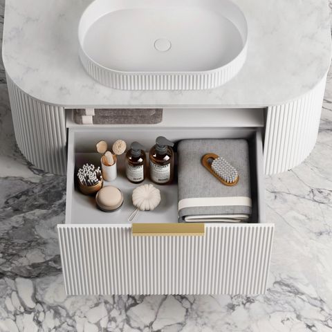 Bondi 900mm Satin White Fluted Wall Hung Curve Cabinet Only — detail 3