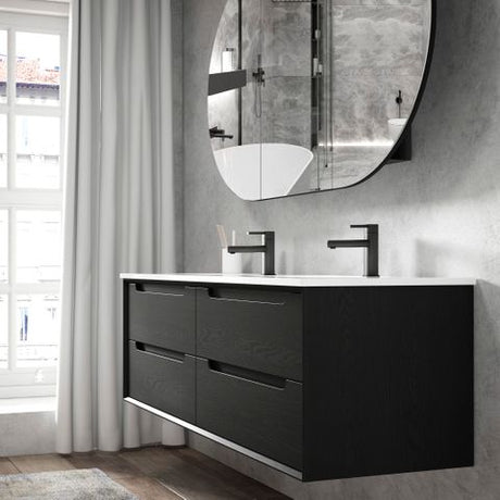 Byron 1200mm Black Oak Wall Hung Vanity with Ceramic Top Double Bowl — detail 2