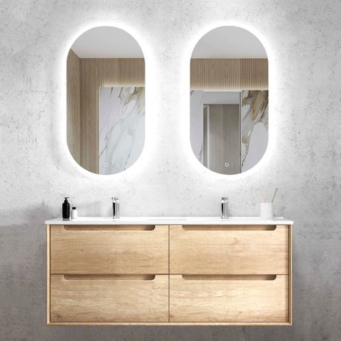 Byron 1200mm Natural Oak Wall Hung Vanity with Ceramic Top Double Bowl