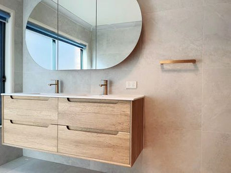 Byron 1200mm Natural Oak Wall Hung Vanity with Ceramic Top Double Bowl — detail 2
