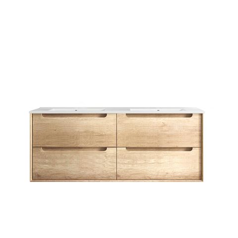 Byron 1200mm Natural Oak Wall Hung Vanity with Ceramic Top Double Bowl — detail 4