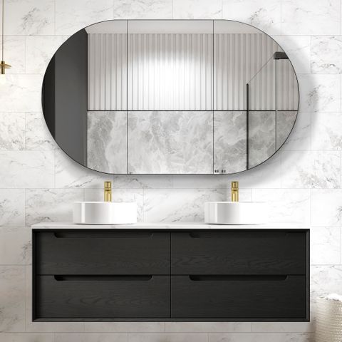 Byron 1500mm Black Oak Wall Hung Vanity with Ceramic Top