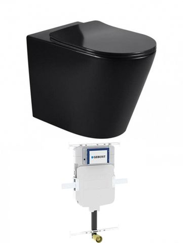 Alzano WF Rimless Pan Slim Seat - Matte Black / Geberit Inwall Cistern (Button Order Separately)
