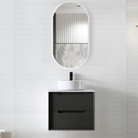 Byron 600mm Black Oak Wall Hung Vanity with Mont Blanc Top 12TH
