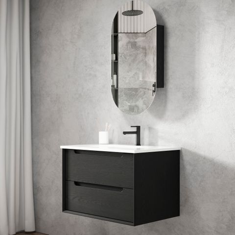 Byron 750mm Black Oak Wall Hung Vanity with Ceramic Top — detail 2