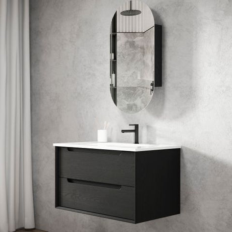 Byron 900mm Black Oak Wall Hung Vanity with Ceramic Top — detail 2