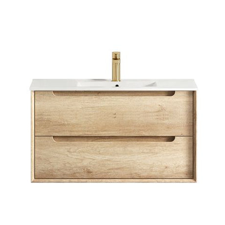 Byron 900mm Natural Oak Wall Hung Vanity with Ceramic Top
