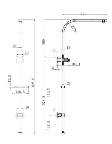 Taran 250mm Brushed Gold Twin Shower On Rail Top Inlet Square — detail 3