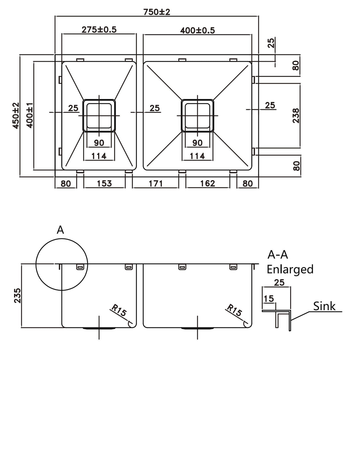 304 Double Stainless Steel Sink（SLSS-750DS）750×450×235mm — detail 2
