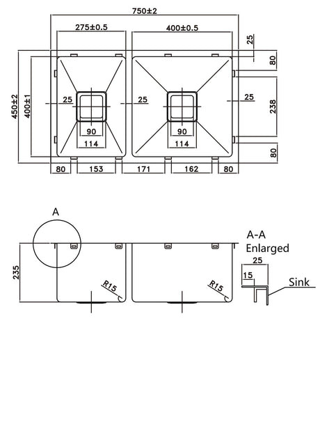 304 Double Stainless Steel Sink（SLSS-750DS）750×450×235mm — detail 2