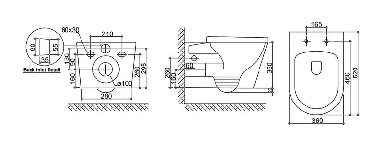 2380 Alzano Wall hung pan Box Rim Flushing Soft Close Thick Seat(ISC28) For use with R&T or Geberit Concealed Cistern with Metal Frame