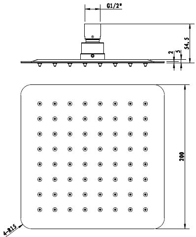 Taranto Square  Shower Head Square 200mm Matte Black