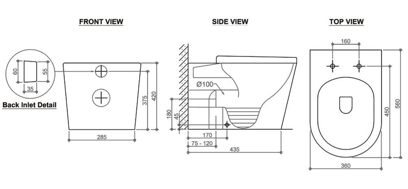 Alzano Wall Face Pan Rimless, R&T Inwall cistern, S-trap (IS16), Push Plate