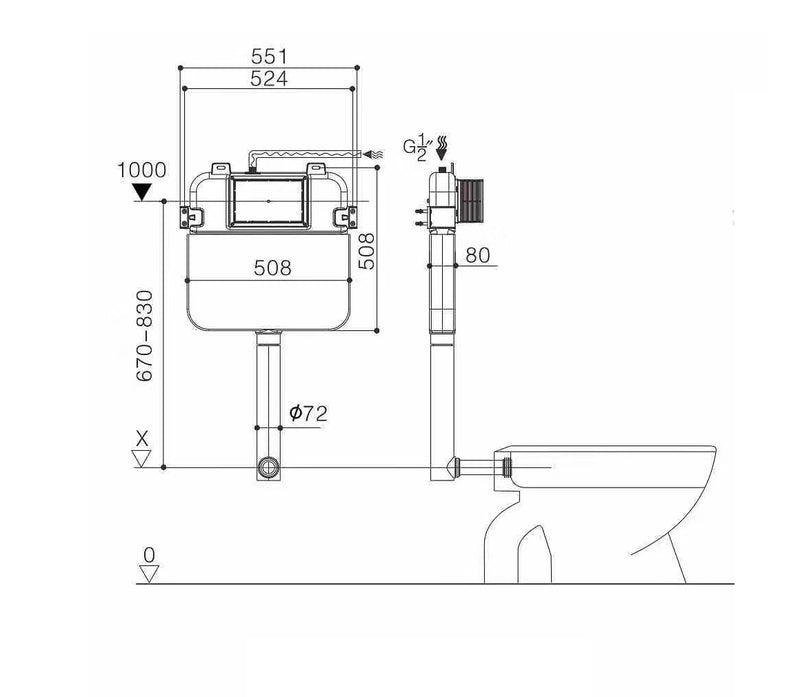Alzano Wall Face Pan Rimless, R&T Inwall cistern, S-trap (IS16), Push Plate