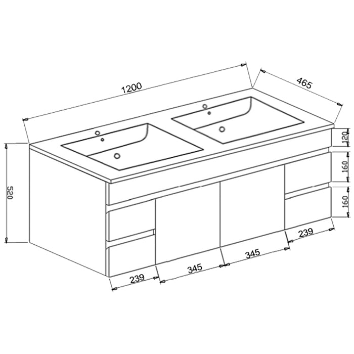 PVC1200x460x520mm White Wall Hung Single Bowl Vanity