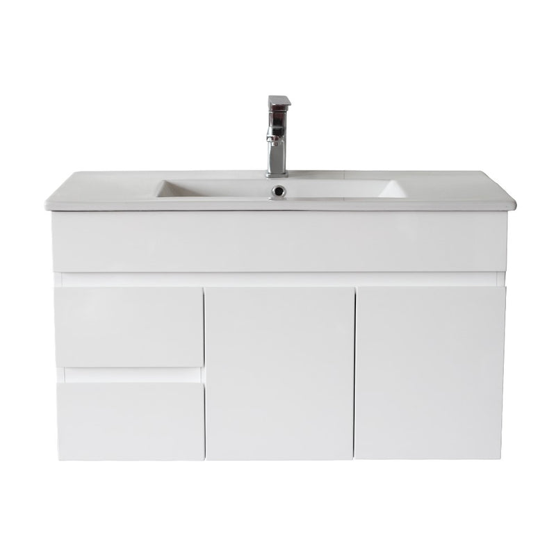 PVC 900*460*520 White Wall Hung Vanity Left Hand Drawer With Slimline Ceramic Top 1TH