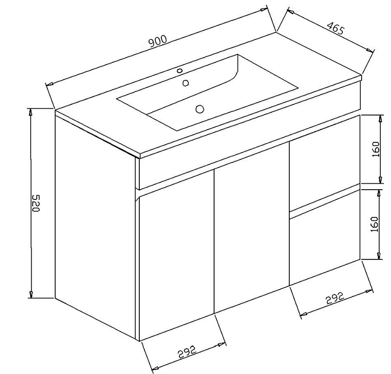 PVC 900*460*520 White Wall Hung Vanity Right Hand Drawer With Slimline Ceramic Top 1TH