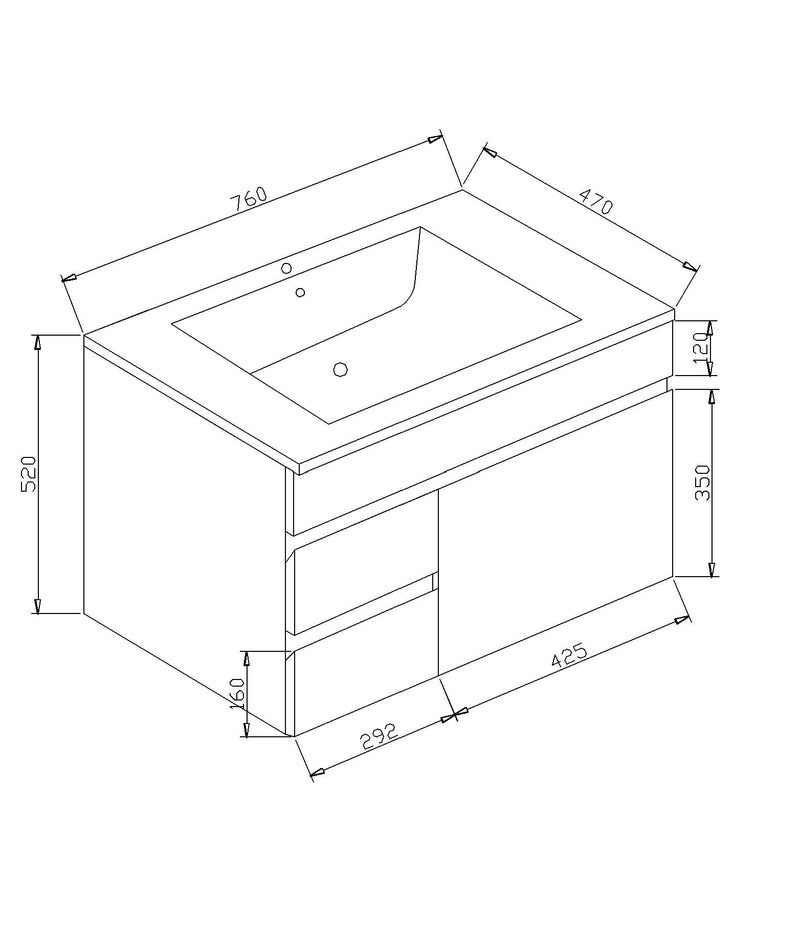 PVC 750*460*520 White Wall Hung Vanity Left Hand Drawer With Slimline Ceramic Top 1TH