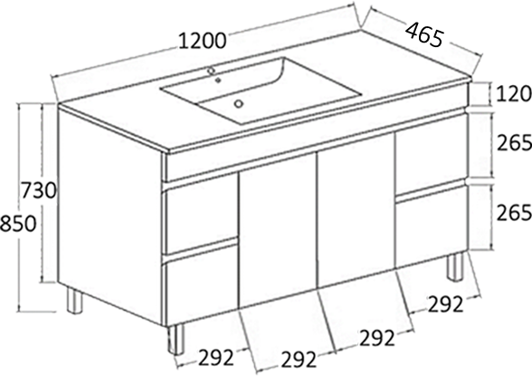 PVC1200x460x850mm Matte White Vanity With Leg Slimline Ceramic Top