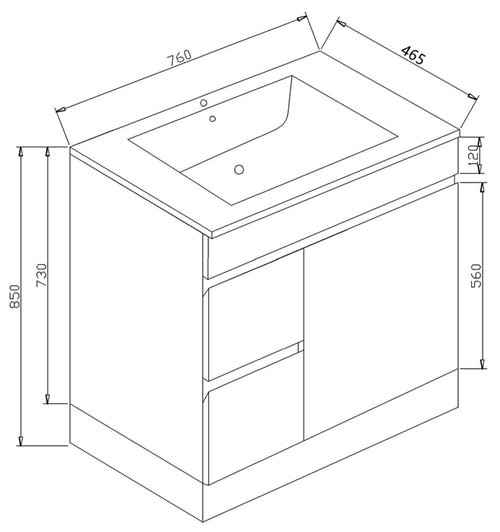 PVC750x460x850mm White Left Hand drawer Vanity With Leg Slimline Ceramic Top