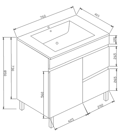 PVC750x460x850mm White Right Hand drawer Vanity With Leg Slimline Ceramic Top